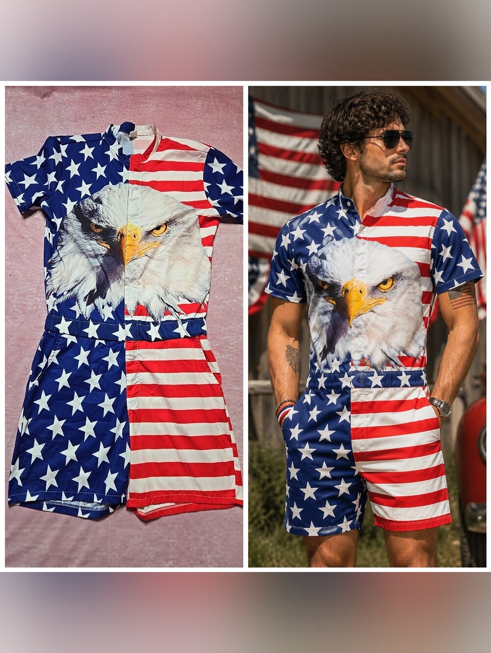 4th Of July USA Patriotic Flag Bald Eagle Shorts Romper Size Large Men's